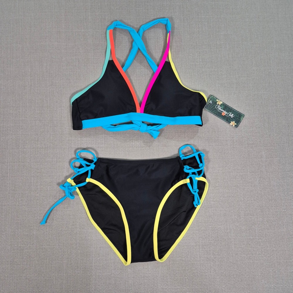 Blooming Jelly Womens Bikini Set XS Mid Rise Neon Two Piece Swimsuit Black New